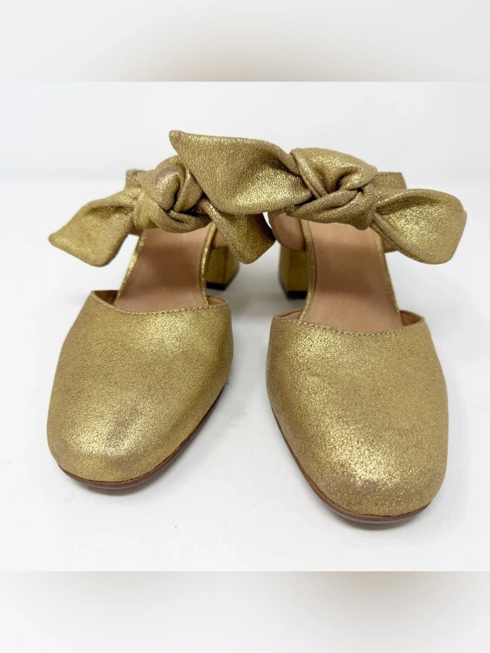 Madewell Gold Metallic Knot Mule Heels Block Heel Slip On Sandals Womens 7.5